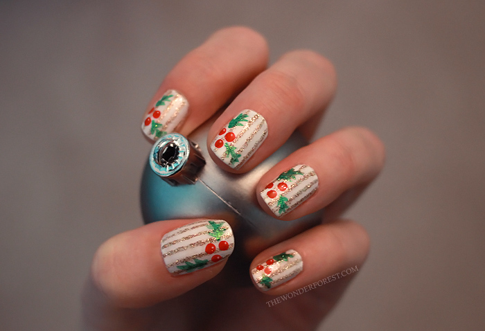 Holly and Pinstripes Holiday Nail Art