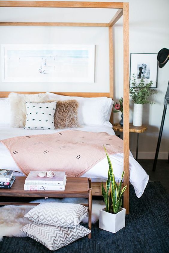 Modern pink bedroom with canopy bed