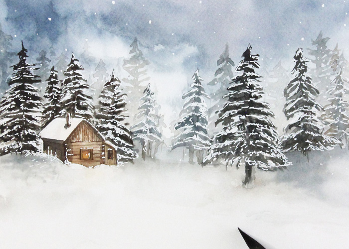 Winter Landscape Watercolour Painting, Winter Landscape Watercolor Painting Tutorial