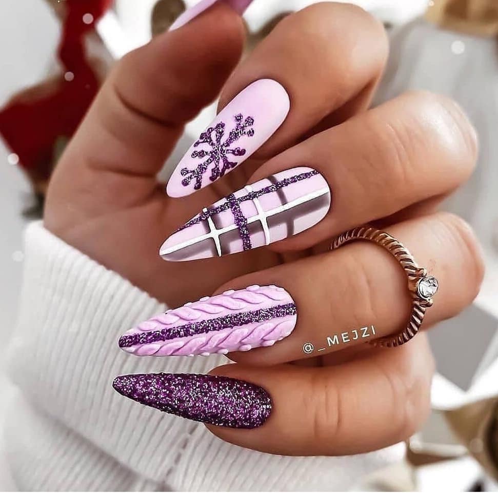 purple winter sweater nail design