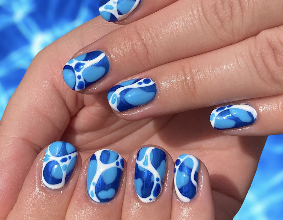 Tie Dyed French Tip Coffin Nails Medium Short Blue Fake Nails With Glue  Perfect For Women Daily Party Wear - Beauty & Health - Temu