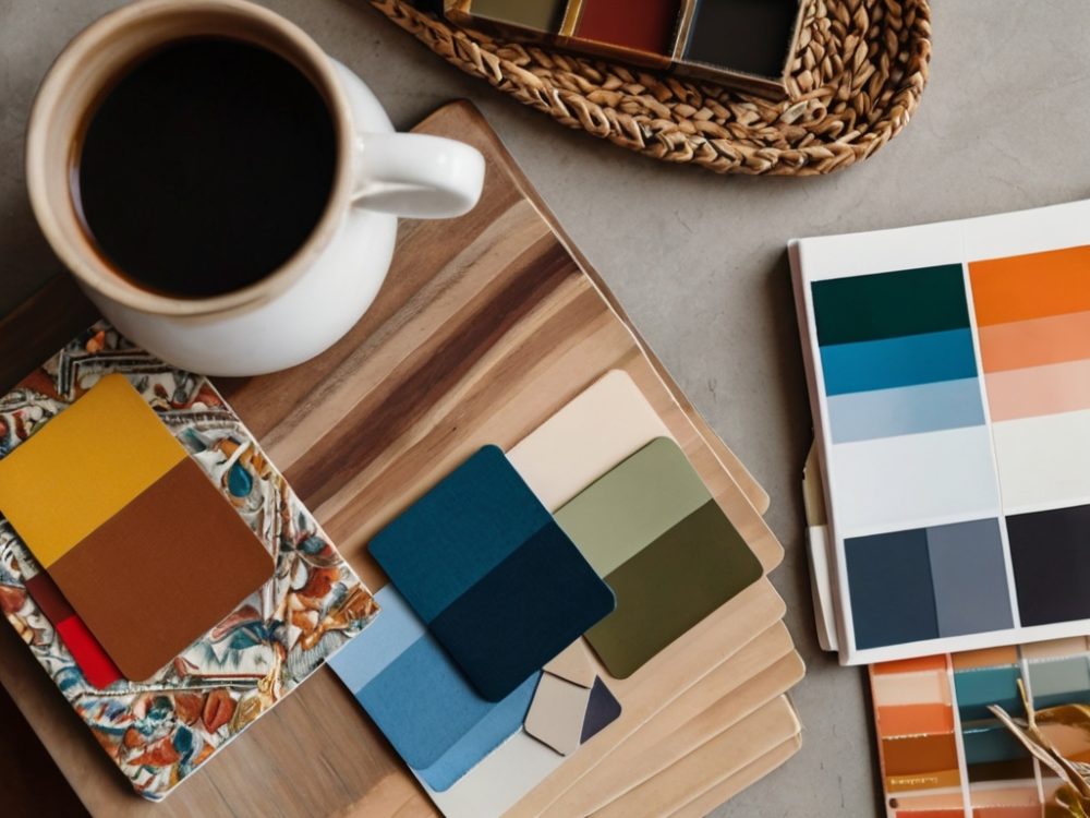 a table with home decor paint swatches