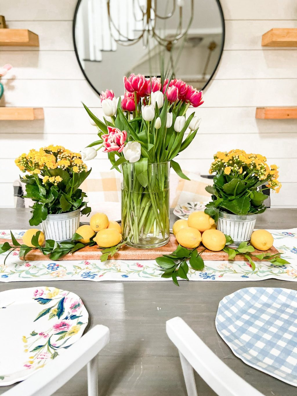 Spring tablescape with tulips and lemons