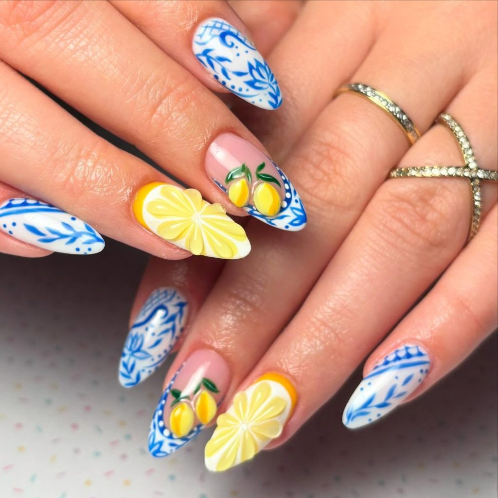 Porcelain and Lemons Nail Art